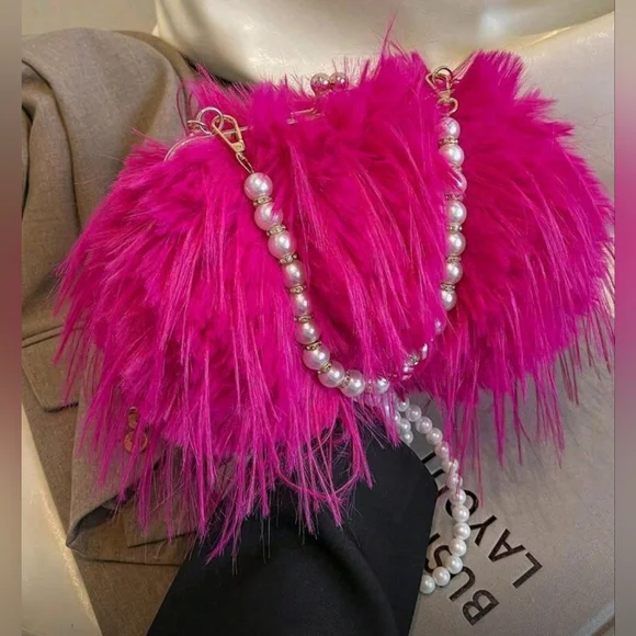 NWT Hot Pink Super Fluffy Faux Fur Double Pearl Chain Cross Body Clutch Handbag - Picture 3 of 11